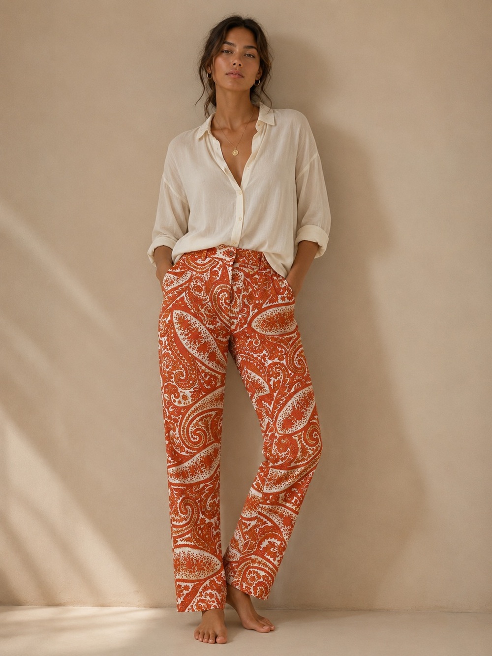 J. Crew City Fit Vibrant Orange Paisley Trousers Size 4